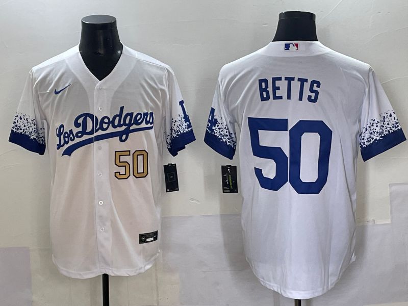 Men Los Angeles Dodgers 50 Betts White blue City Edition Nike MLB Jersey style 3